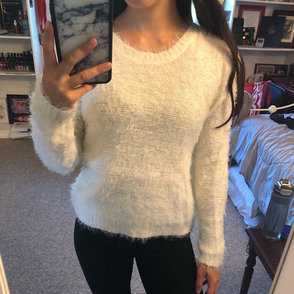 White fuzzy crew neck sweater